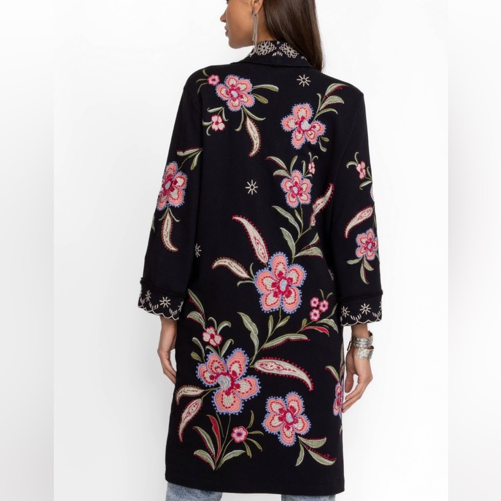 Johnny Was Libby French Terry Kimono Coat black with pink floral embroidery - Picture 3 of 6